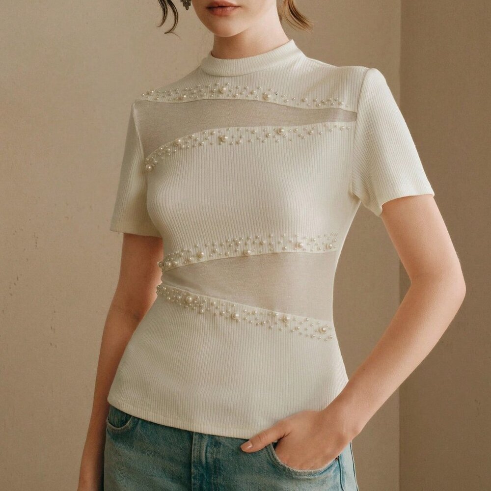 Apricot Elegant Casual Women's Fitted Mandarin Collar Short Sleeve T-Shirt